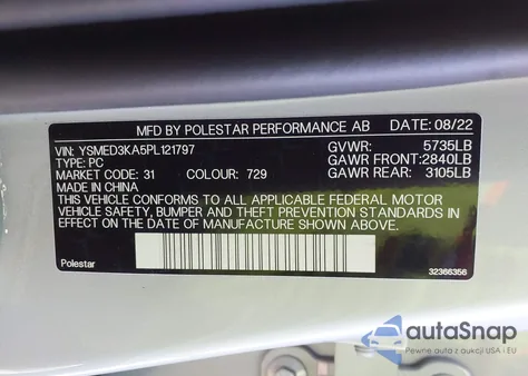 2023 Polestar 2 Long Range Dual Motor/Long Range Dual Motor Plus z USA, uszkodzony, nr VIN YSMED3KA5PL121797